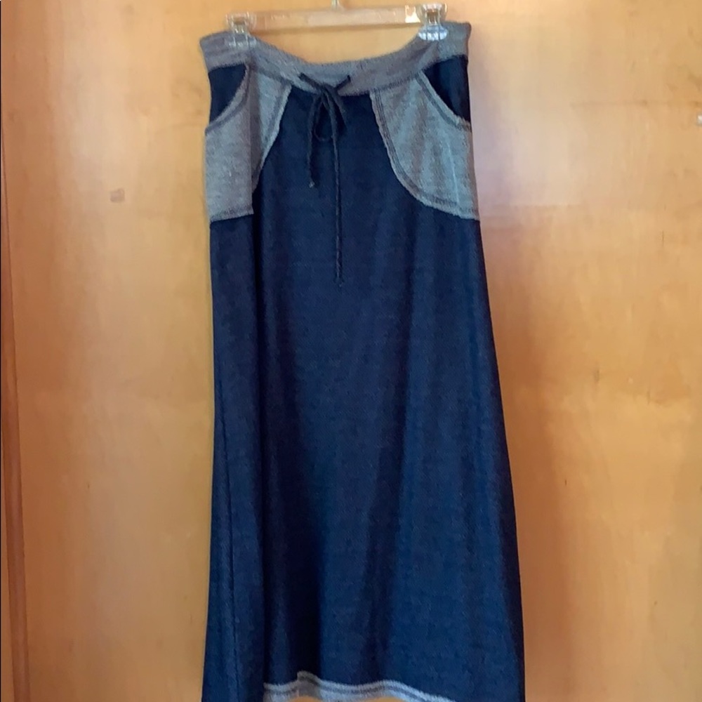 Blue jean like fabric distressed look skirt